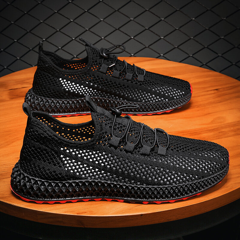 Mesh Surface Shoes Men's Summer Breathable Thin Mesh Surface Hollowed Large Mesh Men's Shoes Casual Running Black Flyknit Sneaker