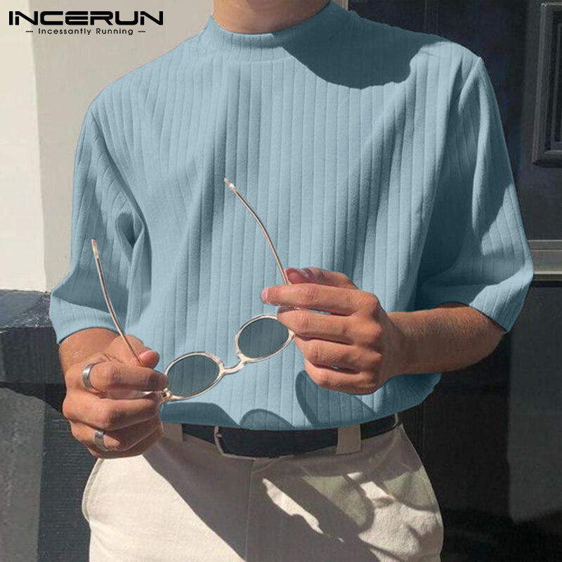 INCERUN Mens Short Sleeve Knitted T Shirts Casual Loose Fit Blouse Undershirt (Korean Style)