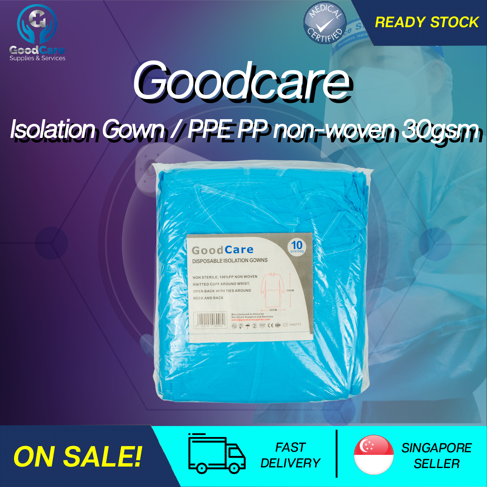 Goodcare 10 pc Isolation Gown / PPE PP non-woven 30gsm