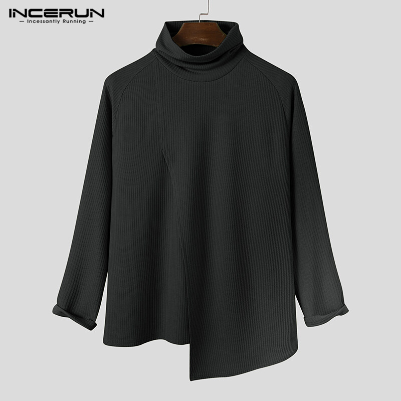 [Perfectly] INCERUN Men's Fashion Versatile Turtleneck Irregular Patchwork Long Sleeve Sweater (Casual Wear)#3