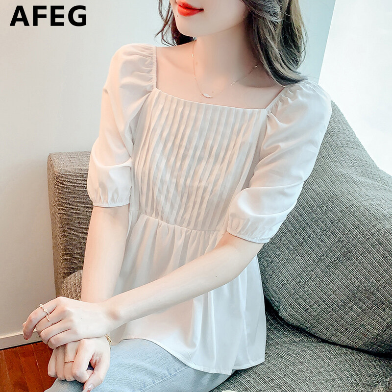 AFEG new Korean style square neck fashion loose all-match chiffon puff sleeve blouse for women