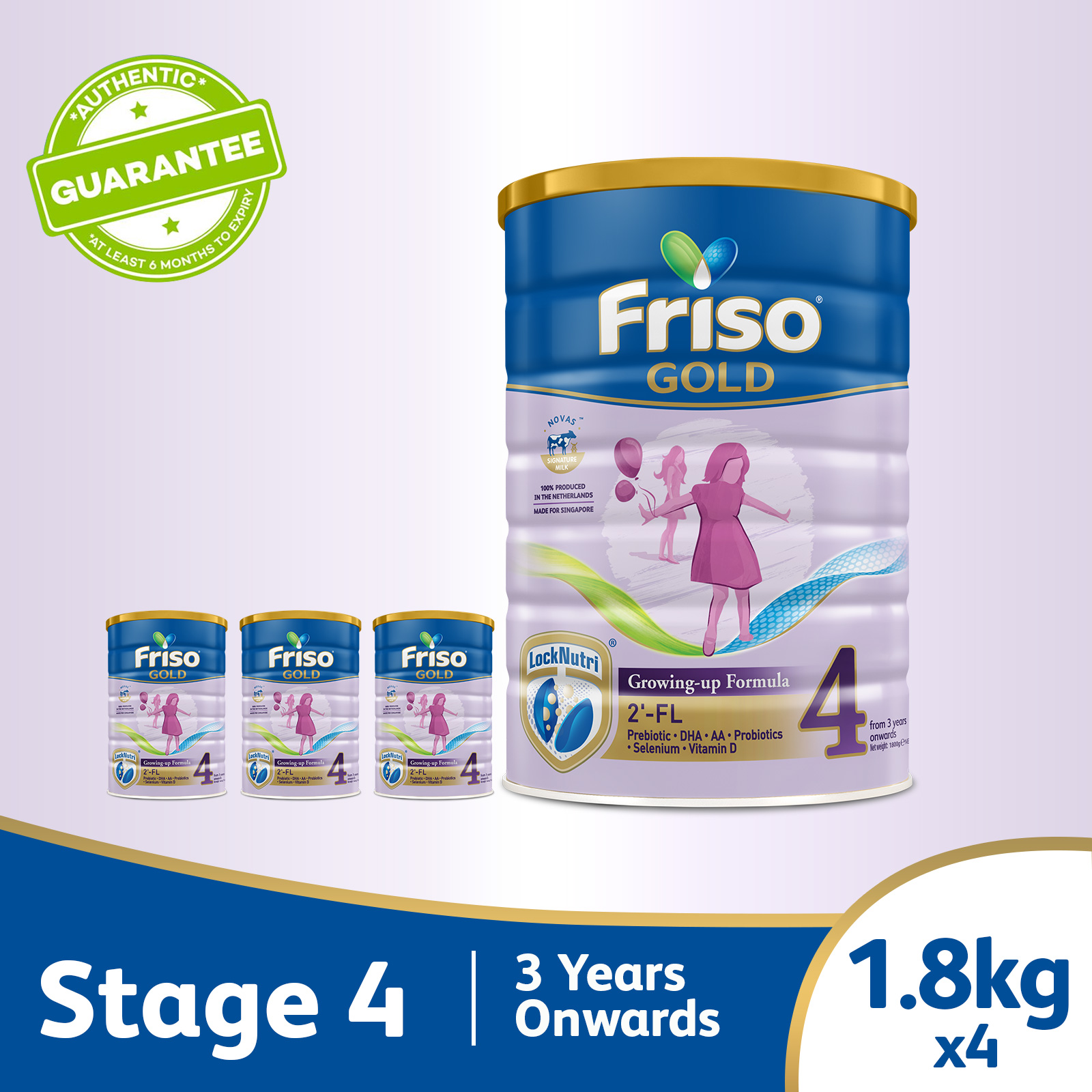 [Bundle of 4] Friso Gold 4 Growing Up Milk with 2'-FL 1.8kg for Toddler 3+ years Milk Powder