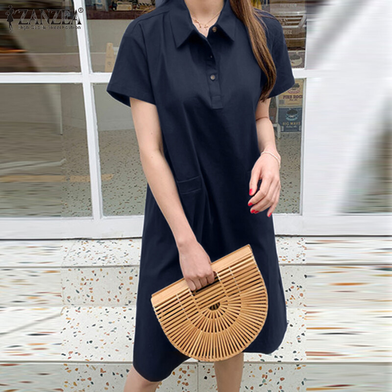 ZANZEA Korean Style Womens Casual Outing Holiday Dress Short Sleeve Plain Mini Shirt Dresses