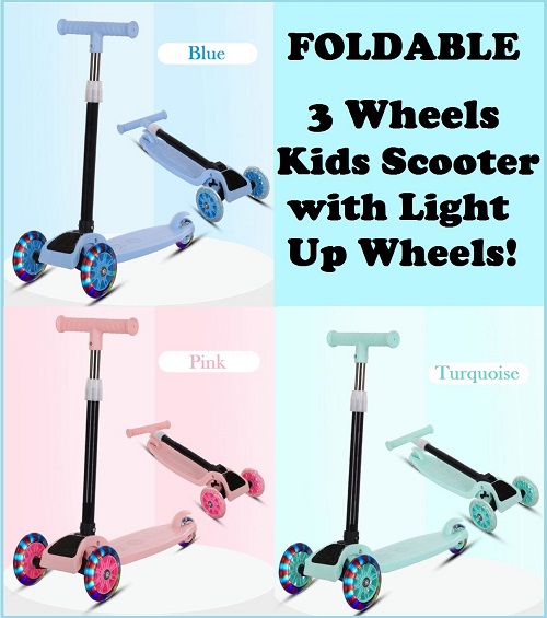 Foldable 3 Wheels Kids Scooter with Light Up Wheels. Adjustable Height. No Assembly Required