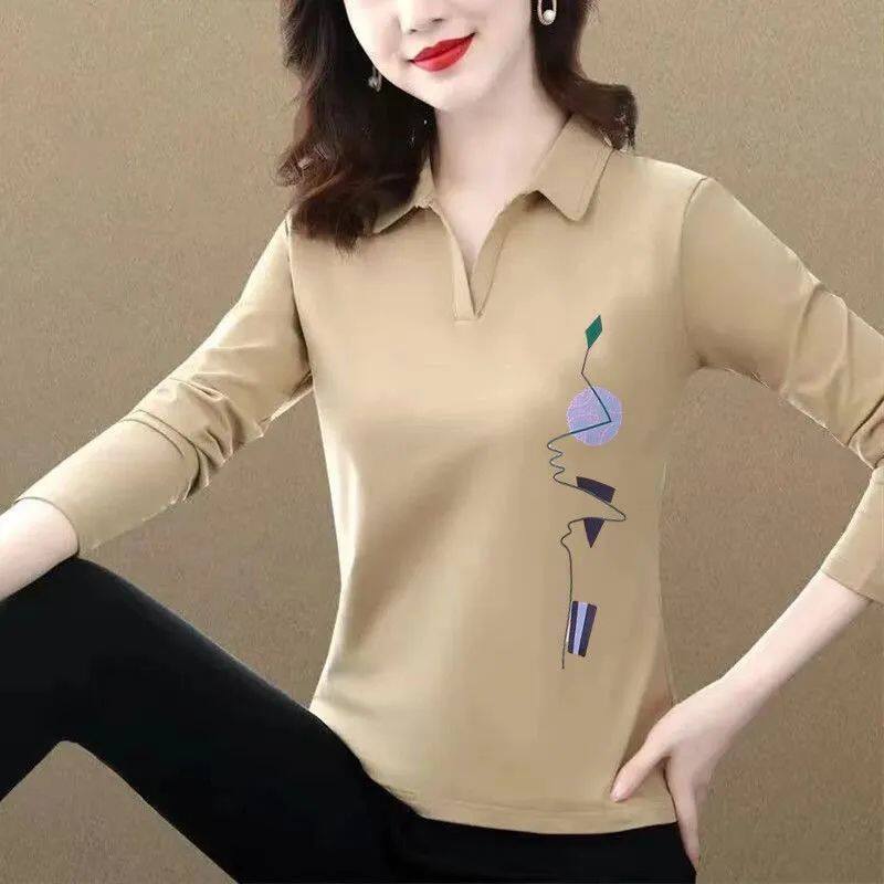 Polo Shirt for Women Long-sleeved T-shirt for Women Spring Autumn New Temperament Lapel Top Printing Fashion Bottoming Shirt