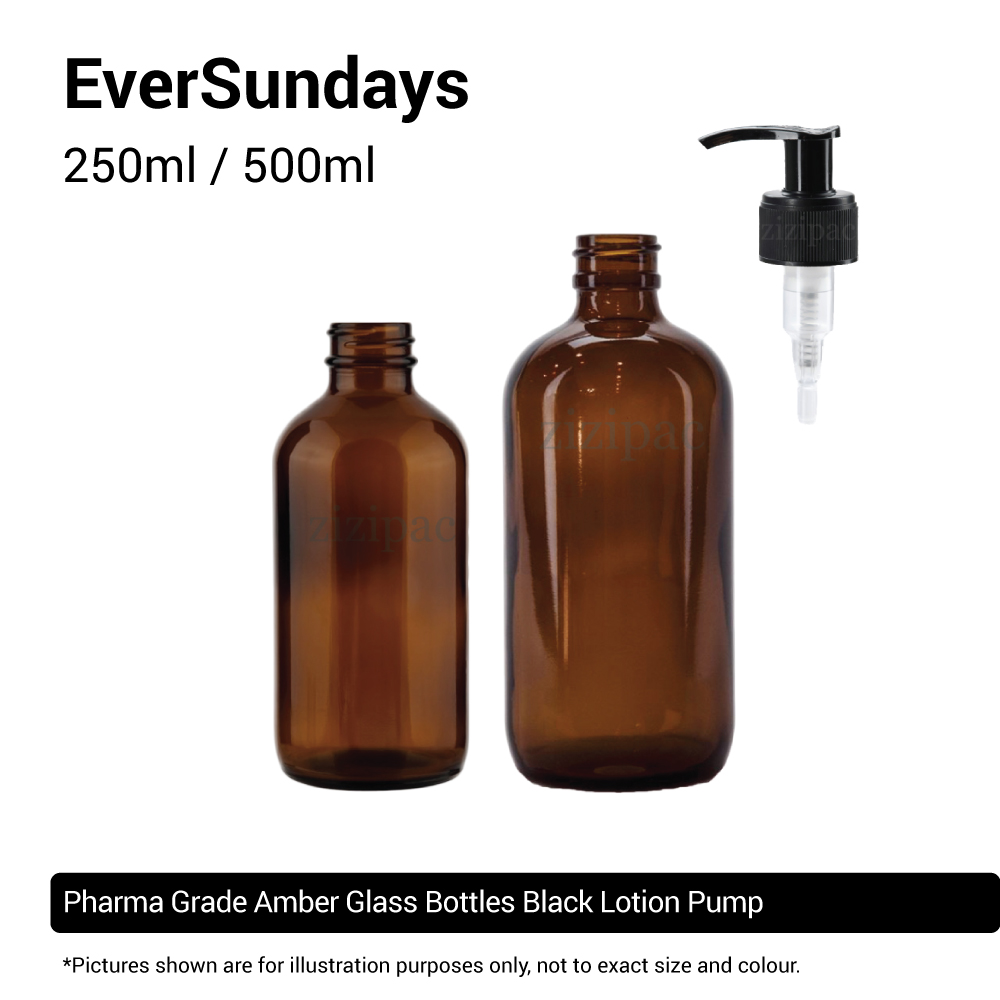 ( 3pcs/5pcs/10pcs ) EverSundays Amber Glass Bottles + Black Lotion Pump - 250ml / 500ml