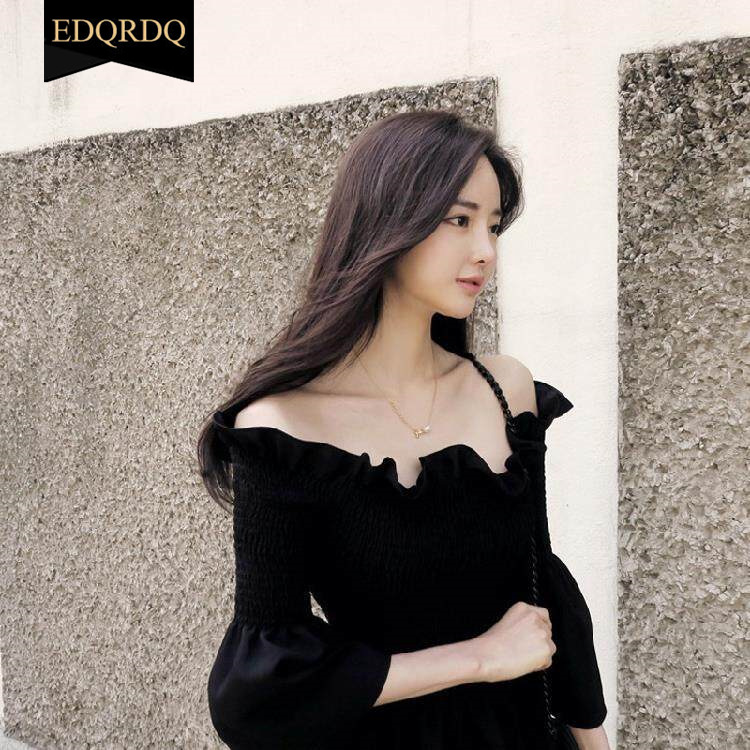 EDQRDQ Womens Smocked Off The Shoulder Tops Summer Flared Bell Sleeve Chiffon Blouses T-Shirt