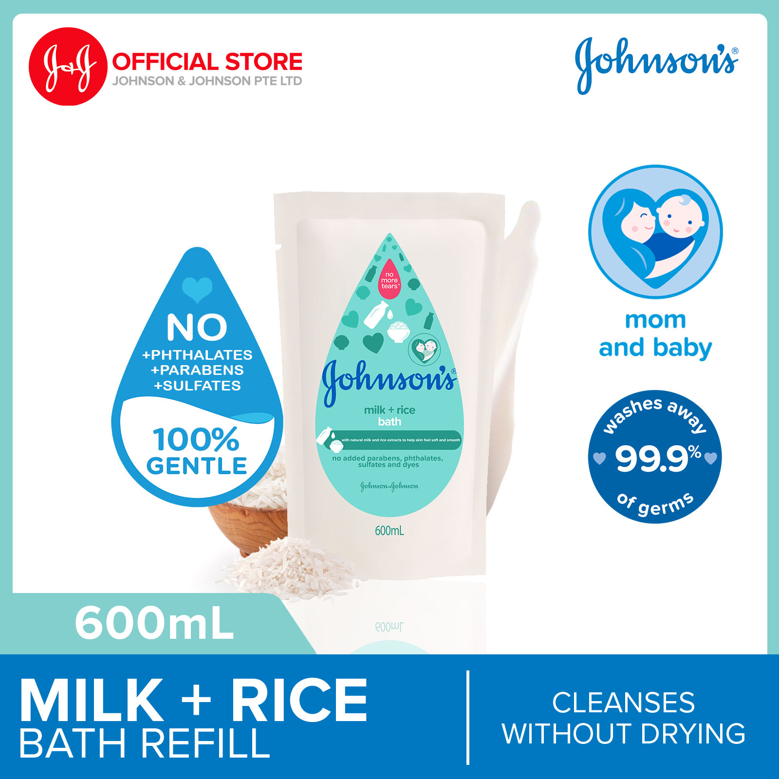 Johnson's Baby Milk + Rice Moisturizing Bath Refill Cleanses Without Drying 600ml
