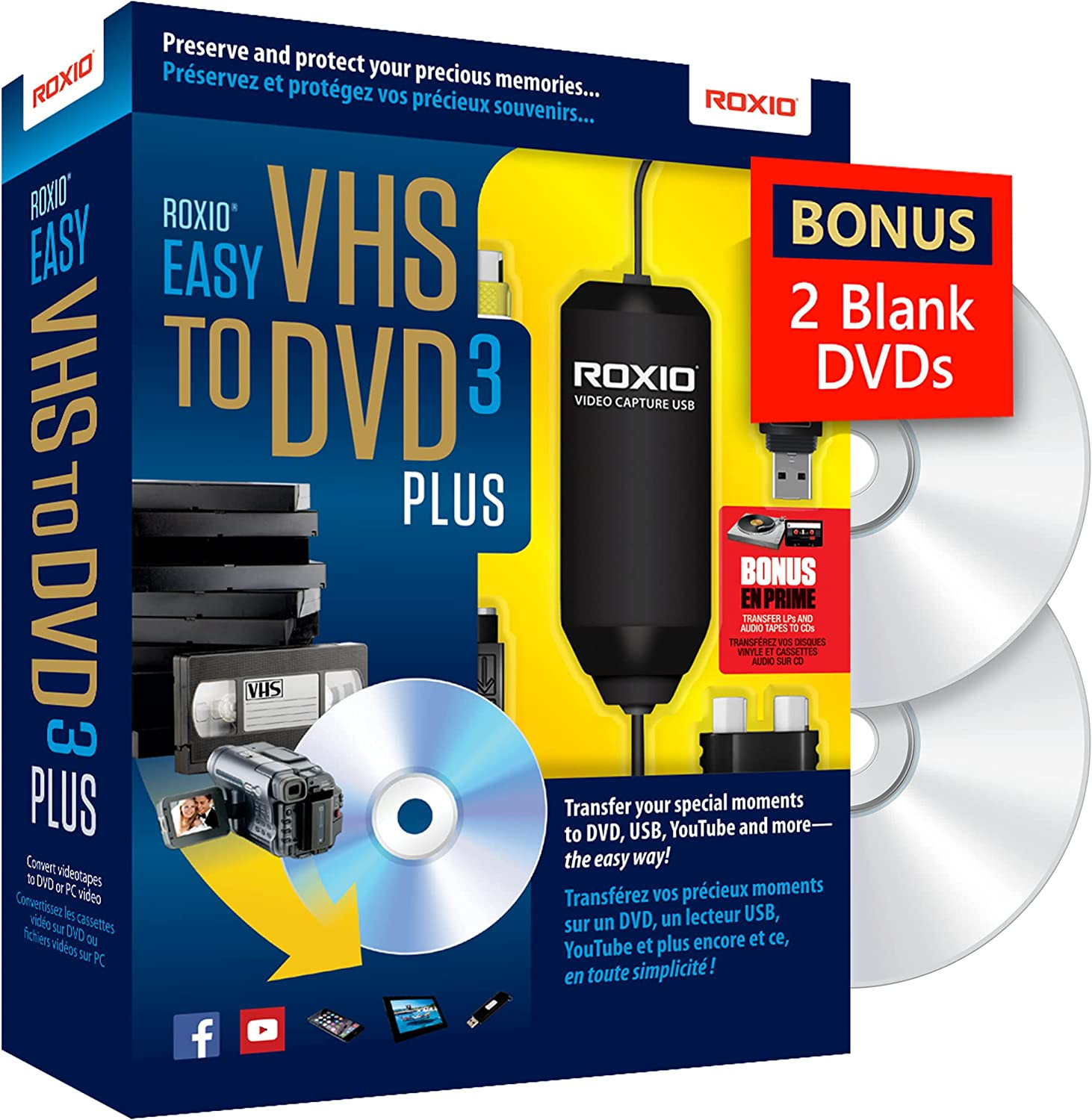 Roxio Easy VHS to DVD 3 Plus | VHS, Hi8, V8 Video to DVD or Digital Converter | Amazon Exclusive 2 Bonus DVDs